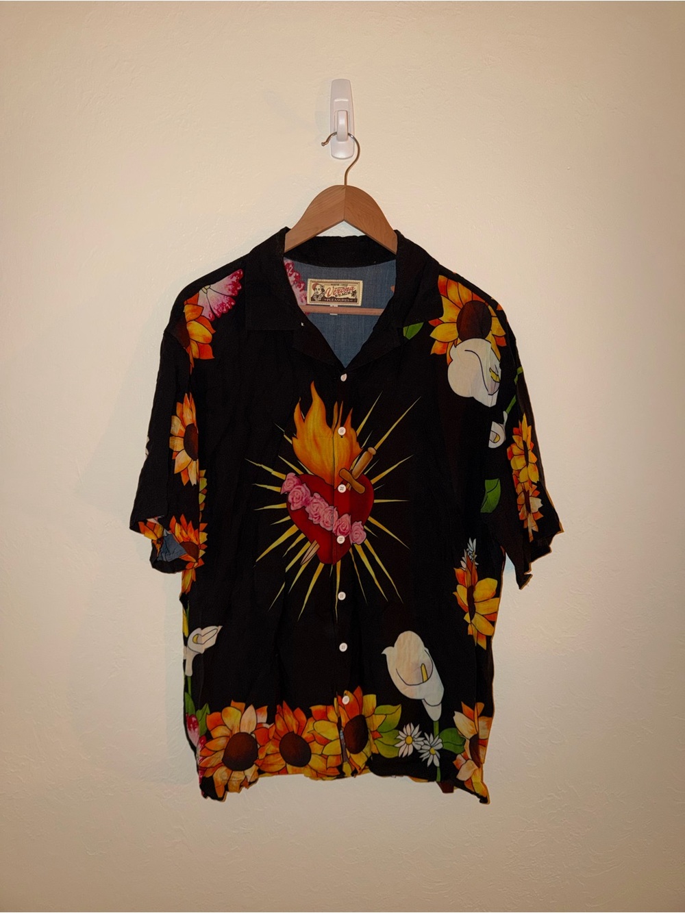 Black Floral & Sacred Heart Short Sleeve Button-Down Shirt